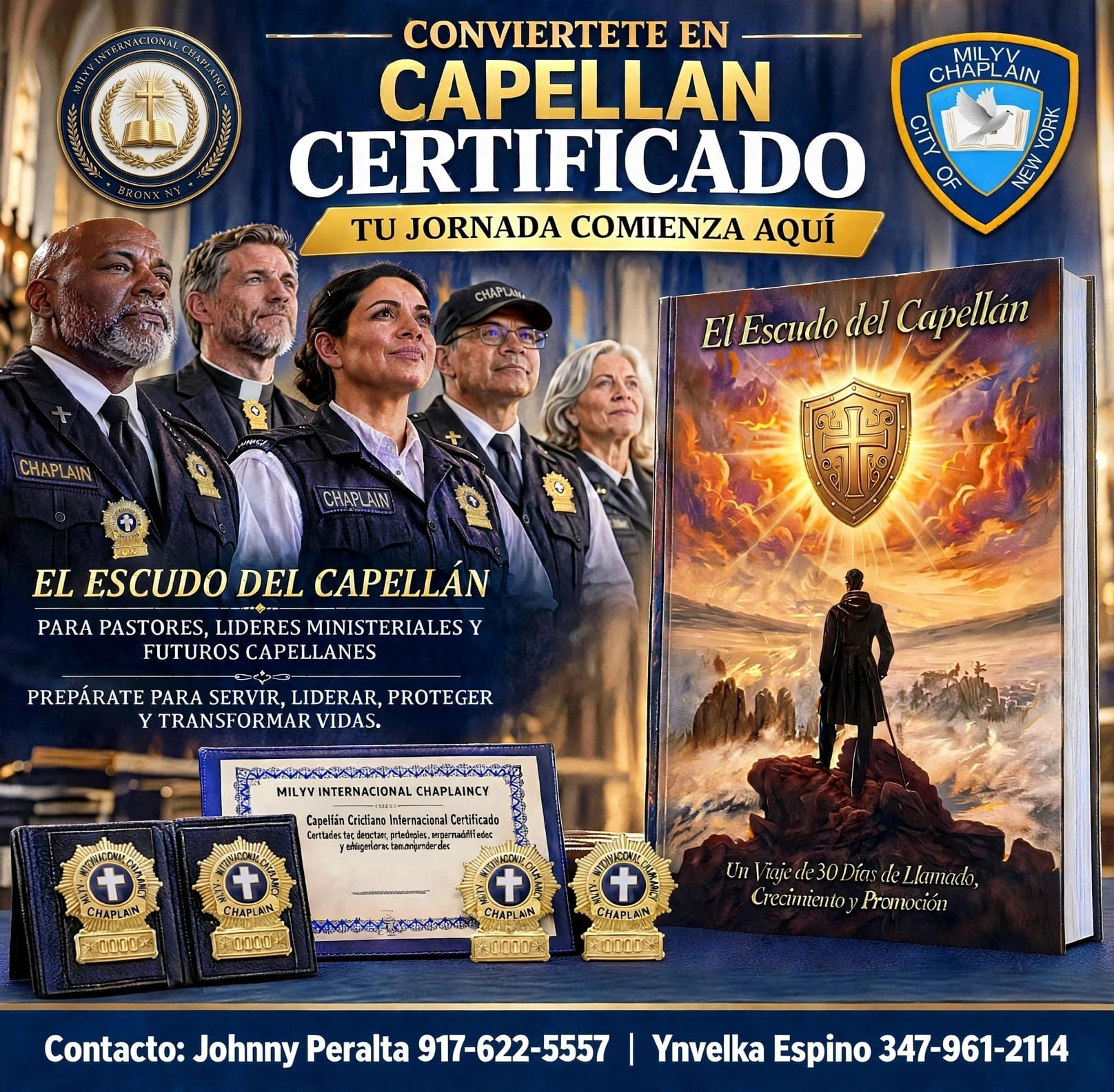 Spanish announcement: Become a certified chaplain. El Escudo del Capellán, for pastors, ministry leaders and future chaplains.